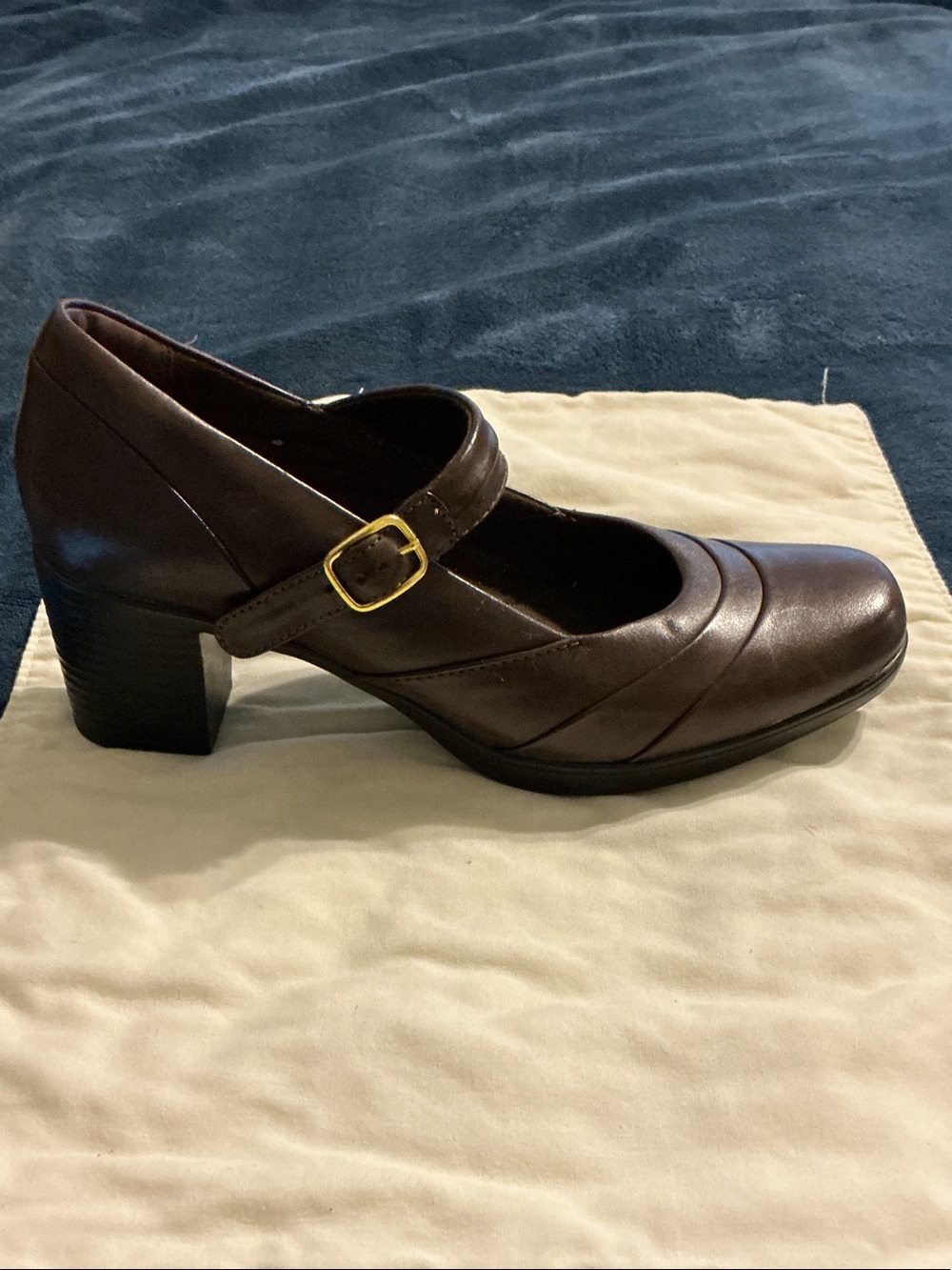 Clarks Dark Brown Mary Jane Block Heel with Gold Buckle